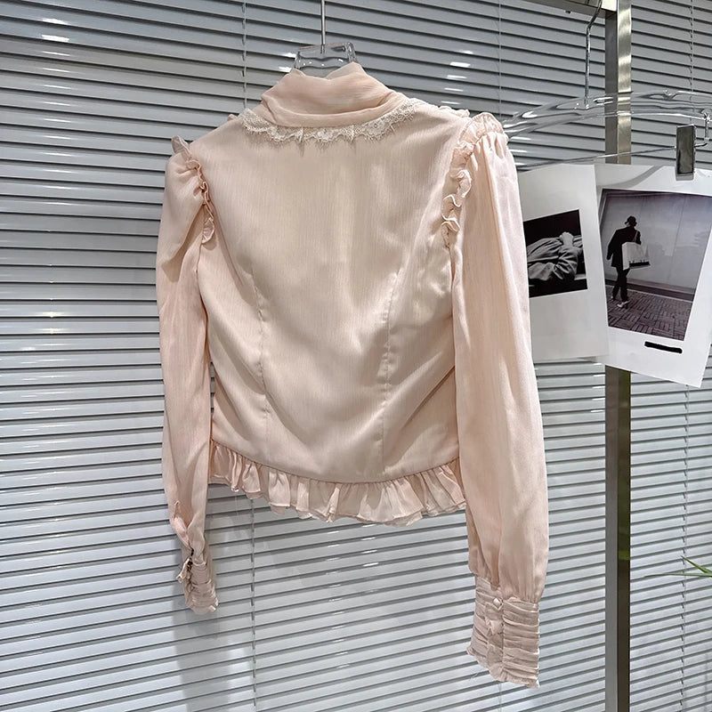 Winter New Sweet Temperament V-neck Heavy Pleated Edge Waist Design Chiffon Blouse For Women Small Shirt 11A07900