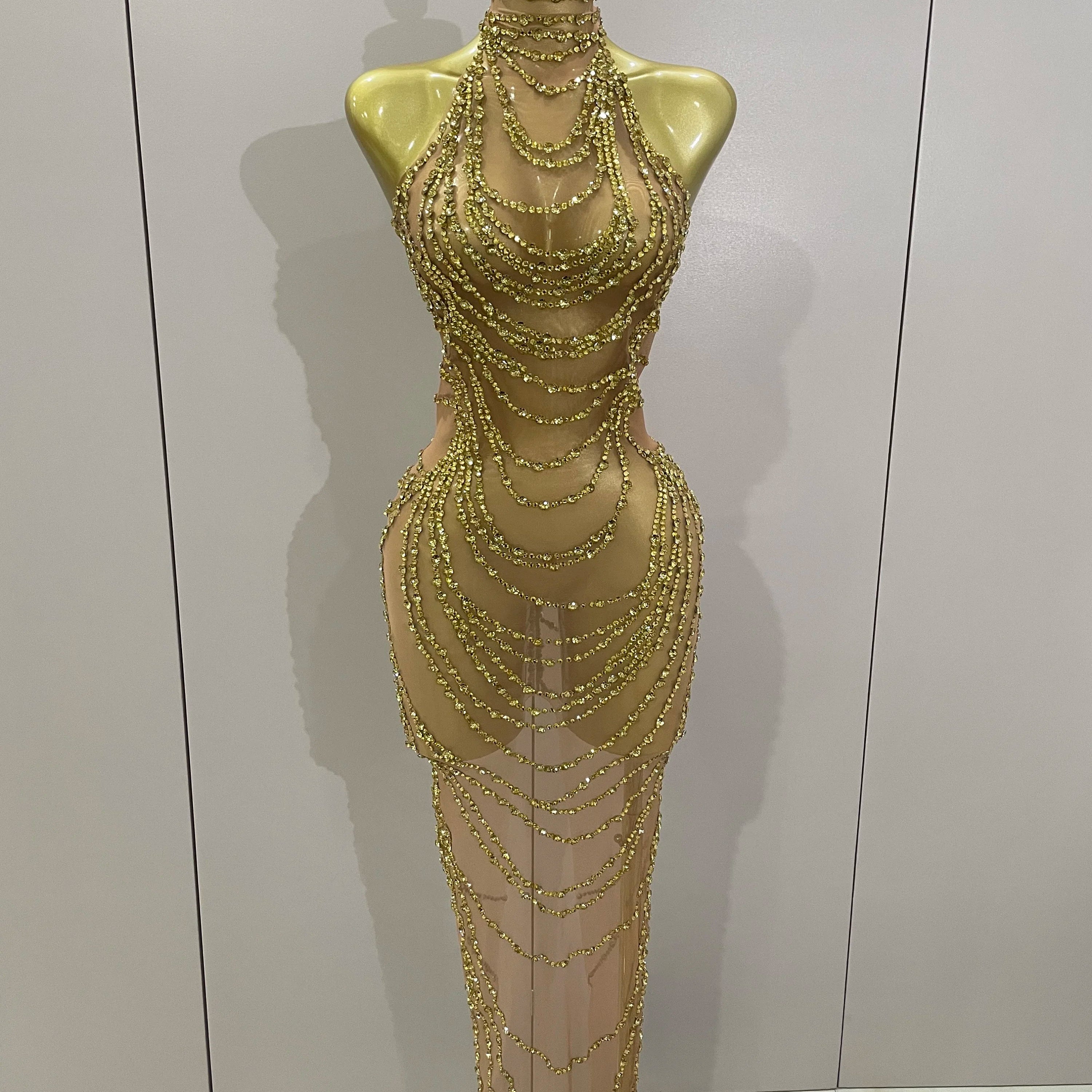 Luxury Sparkly Gold Rhinestone Sexy Transparent Mesh Long Dress 2025 Women Birthday Party Gown Stage Singer Performance Costume Gold
