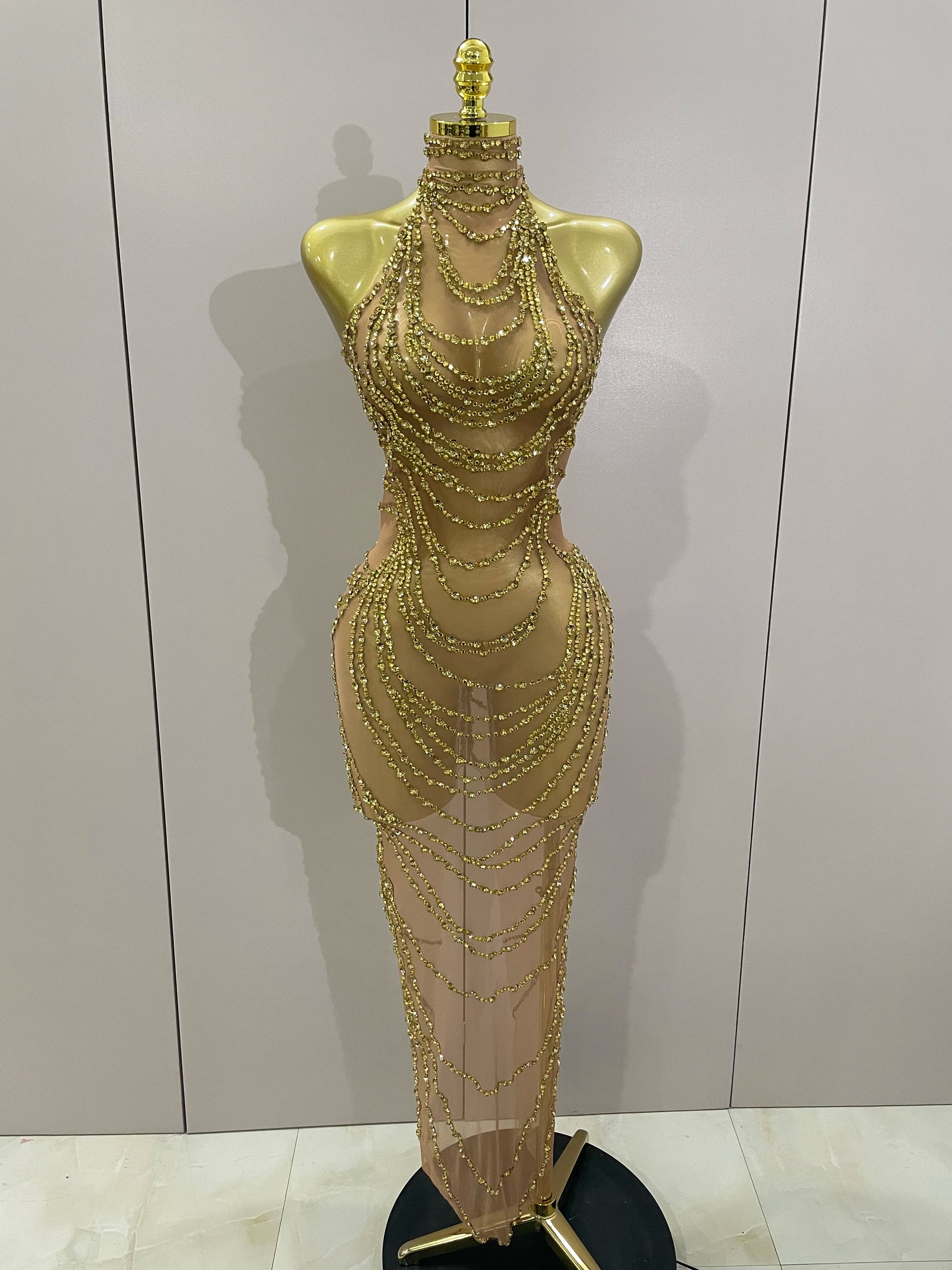 Luxury Sparkly Gold Rhinestone Sexy Transparent Mesh Long Dress 2025 Women Birthday Party Gown Stage Singer Performance Costume Gold