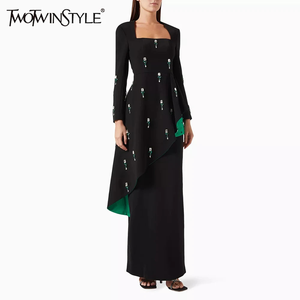 Colorblock Spliced Bead Luxurious Two Piece Sets for Women Square Neck Long Sleeves Top High Waist Skirt Set Female