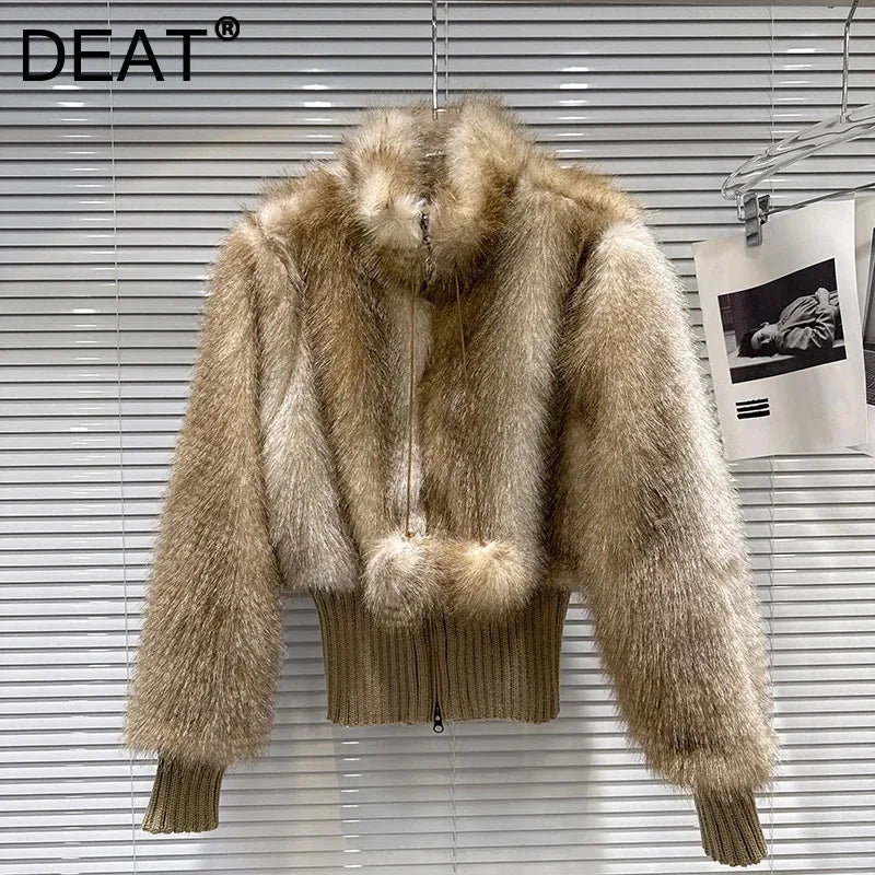 Winter New Fashion Gradient Wool Thread Waist-Cinching Faux Fur Short Coat For Women Stand Collar Jacket 11A07649