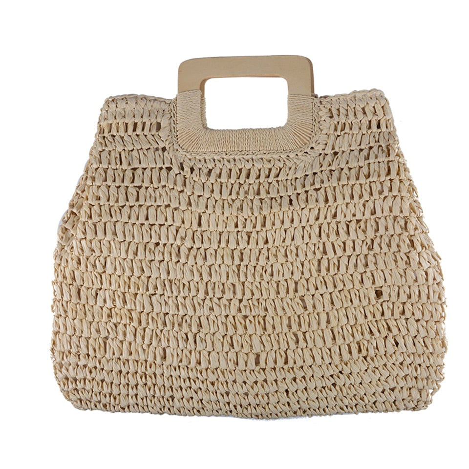 Summer Straw Handbag Wooden Handle Large Capacity Paper Rope Woven Straw Bag 2024 New Fashion Summer Vacation Travel Beach Bag 3