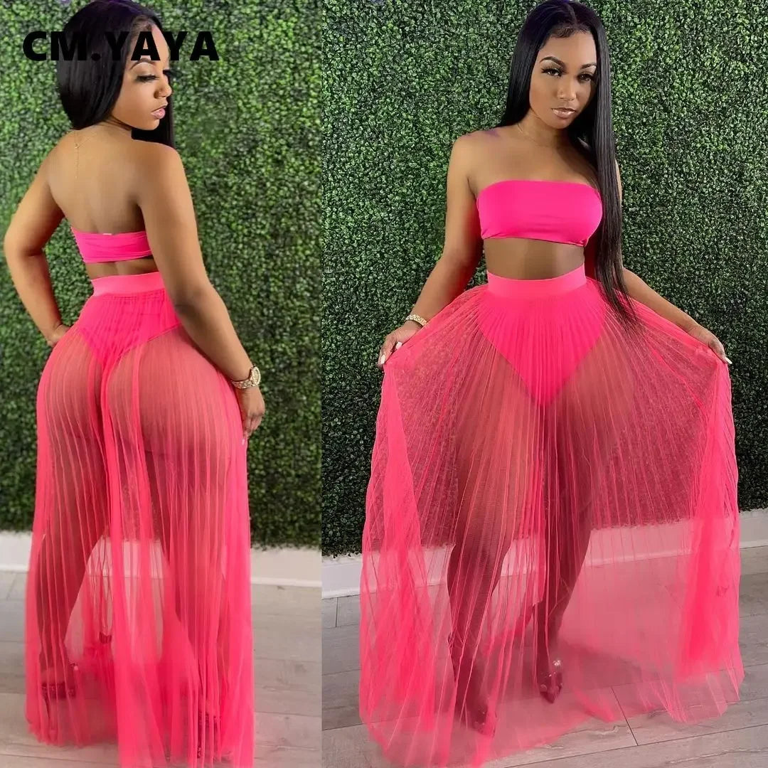 Women Mesh See Though Two Piece Set Sexy Beach Strapless Tops and Pleated Maxi Skirts Matching Set Summer Outfits