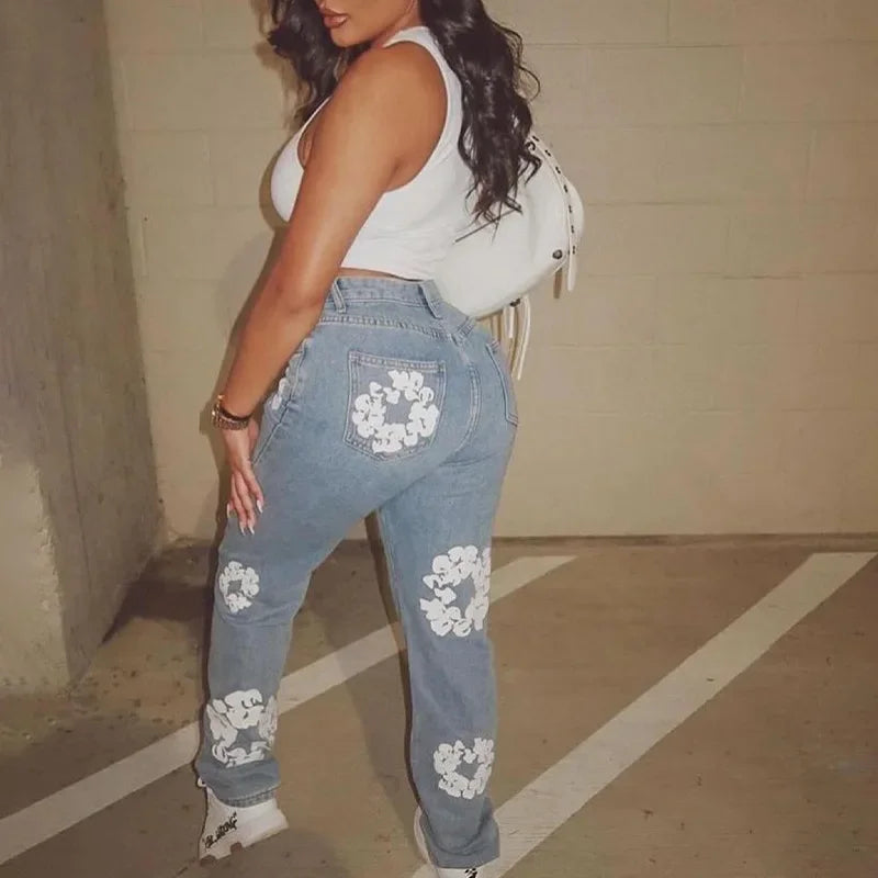 Floral Printed Women Jeans Zipper Fly High Waist Denim Pants Spring New Popular High Street Trousers Stretchy Bottom Pants