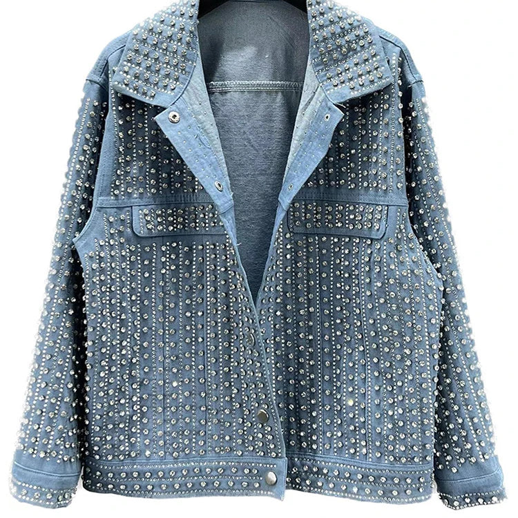 Streetwear Patchwork Rivet Denim Jacket Women Fashion Lapel Long Sleeve Loose Coats Female Outerwear Autumn