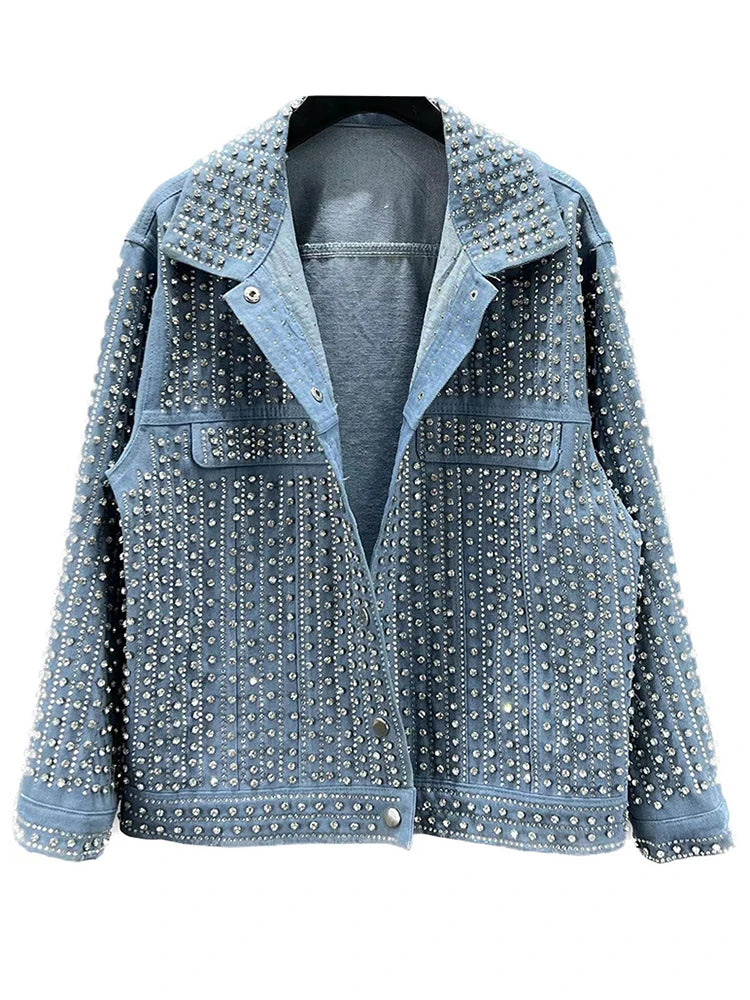 Streetwear Patchwork Rivet Denim Jacket Women Fashion Lapel Long Sleeve Loose Coats Female Outerwear Autumn