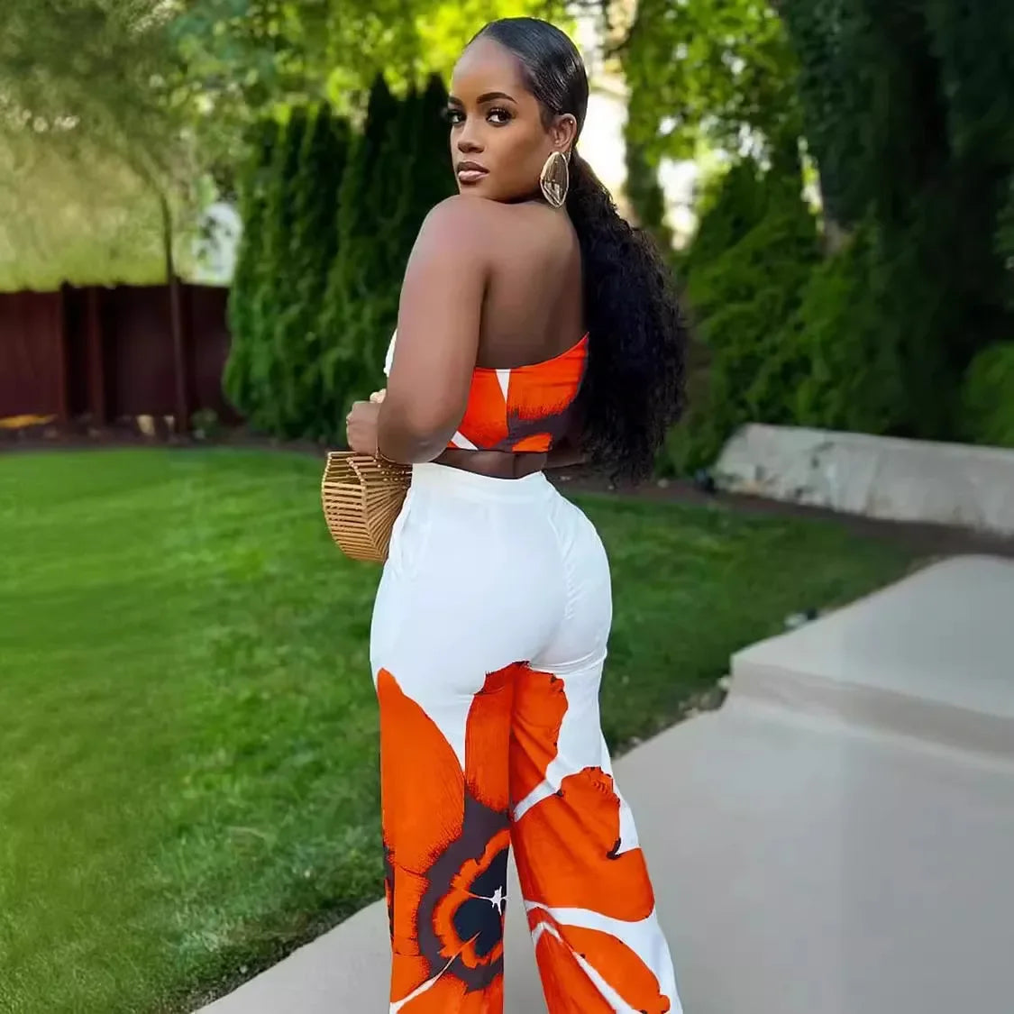 Women Set Floral Print Sleeveless Skew Collar Tops +Wide Leg Pants Two 2 Piece Set Outfit 2024 Summer Street Tracksuit