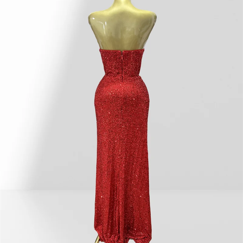Haute Couture Red Sequins Sexy Off The Shoulder High Split Ankle Lenght Dress Woman Birthday Party Dress Celebrity Patry Outfit