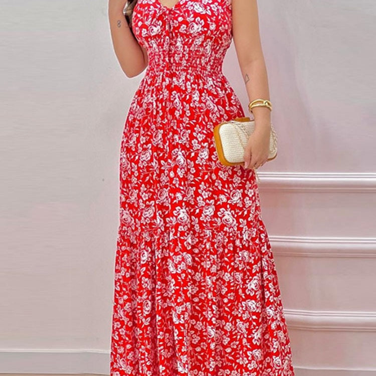 Women Summer Print Spaghetti Strap Big Swing Dress Red