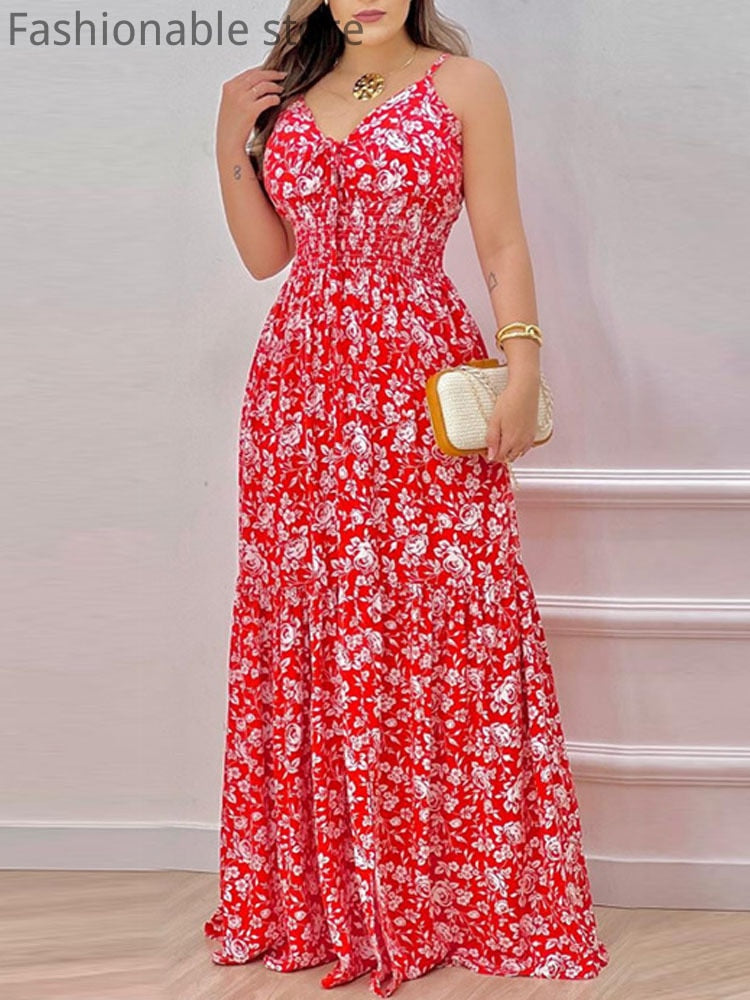Women Summer Print Spaghetti Strap Big Swing Dress Red