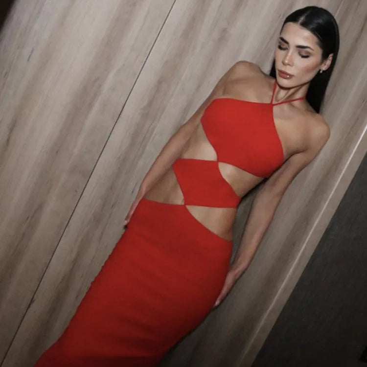 2023 New Summer Red Color Women Sexy Halter Cut Out Bodycon Bandage Long Dress Fashion Birthday Christmas Cocktail Party Dress
