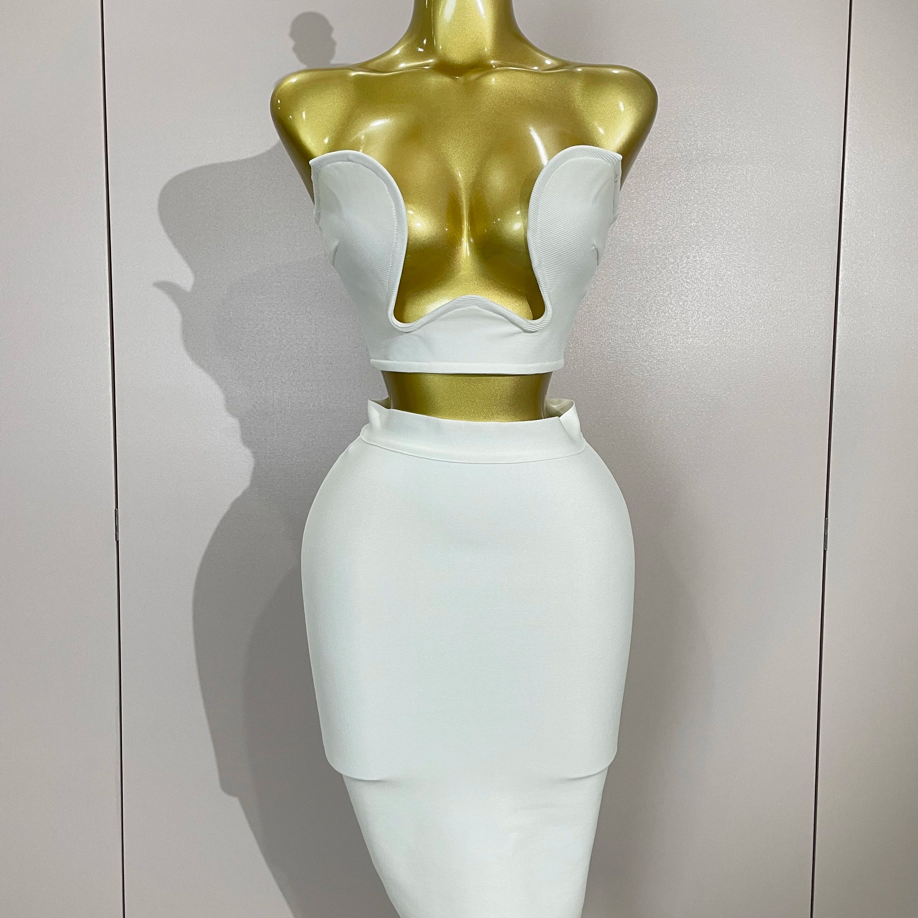 2025 Women Sexy Strapless Backless Black Bandage Two Piece Suit Celebrity Designer Fashion Birthday Gown Evening Prom Costume WHITE