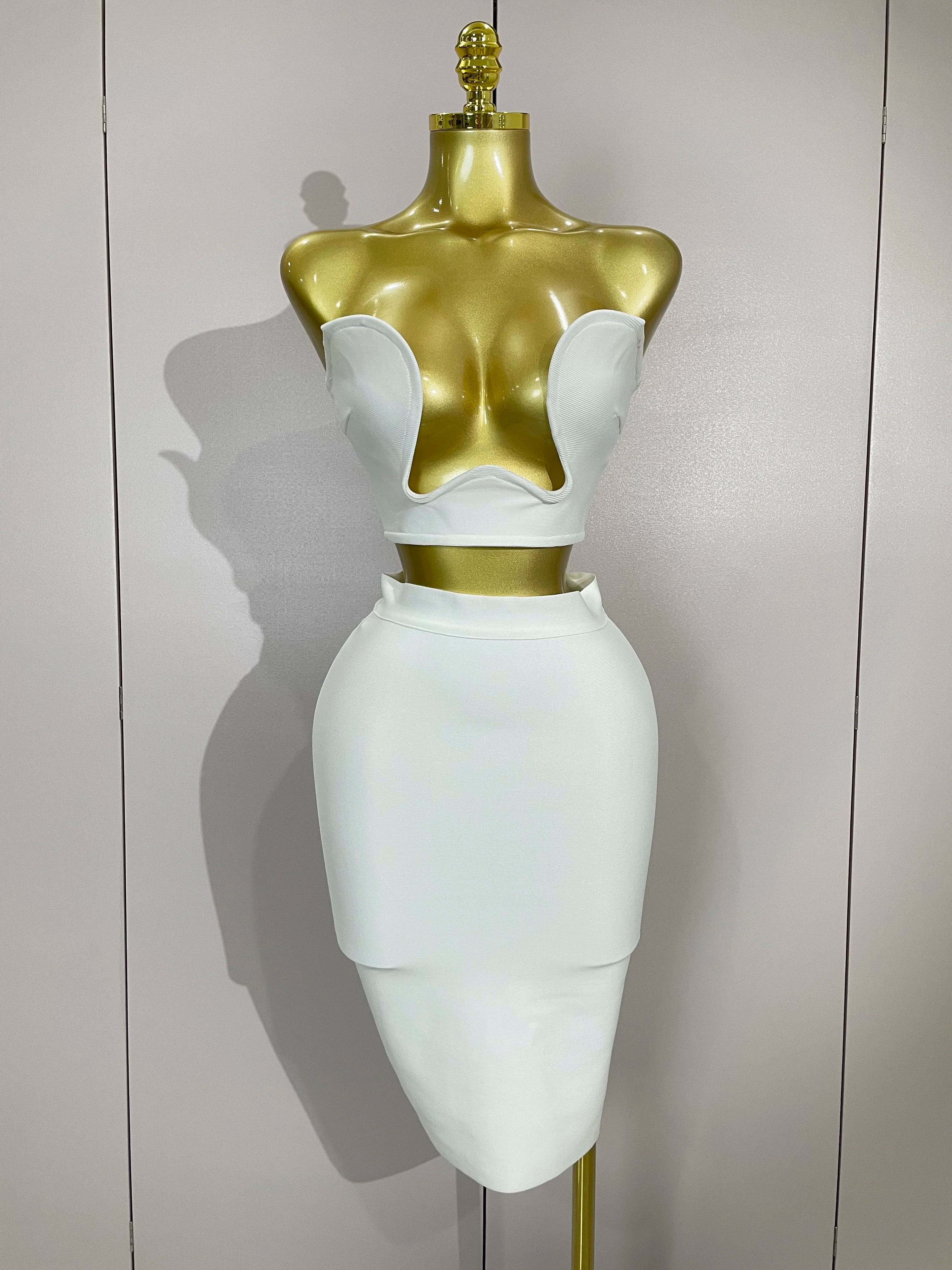 2025 Women Sexy Strapless Backless Black Bandage Two Piece Suit Celebrity Designer Fashion Birthday Gown Evening Prom Costume WHITE