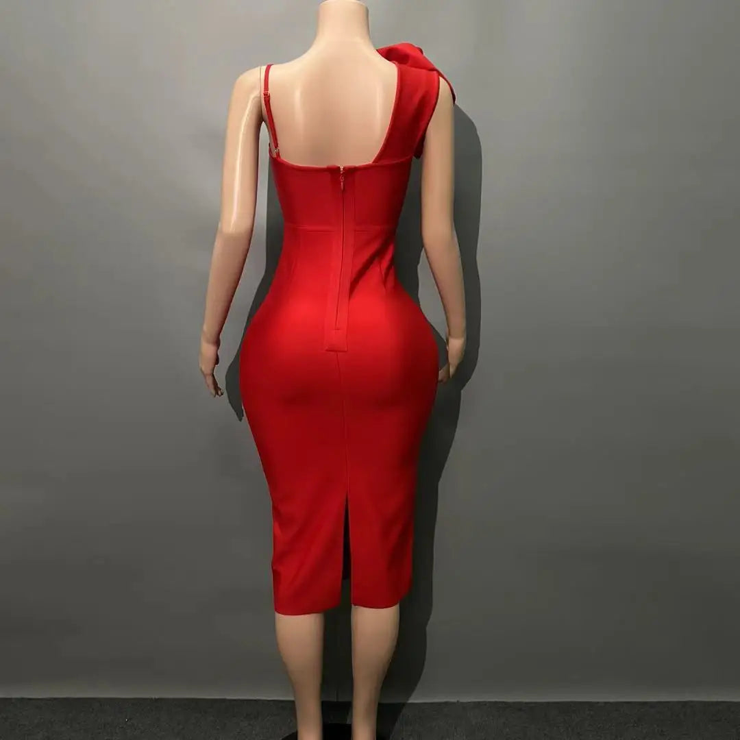 Black Red Color Women Sexy Strap Florals Bodycon Midi Bandage Dress Celebrate Nightclub Party Birthday Photo Shoot Outfit