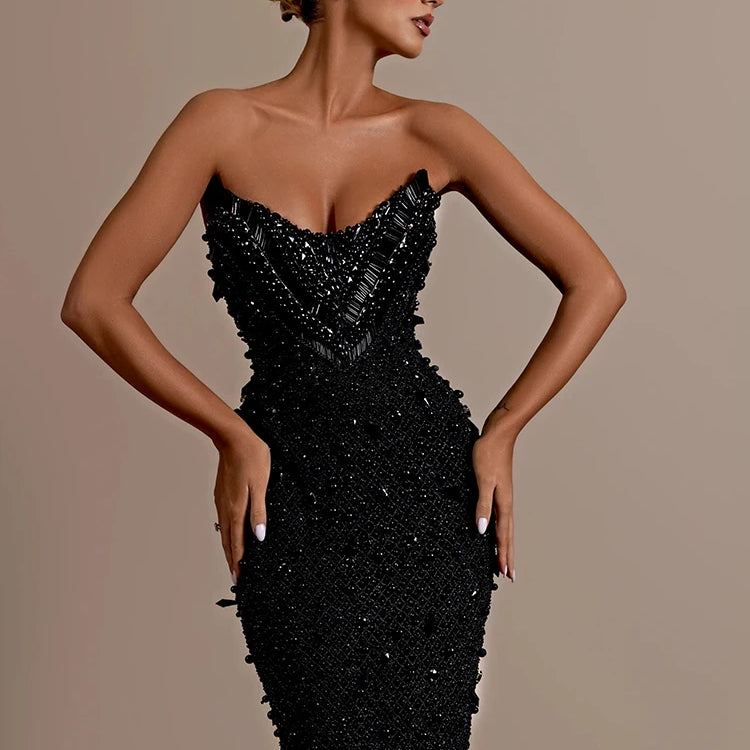 Stunning Strapless Sleeveless Black Crystal Sequin Dress Luxury Party Evening Gown