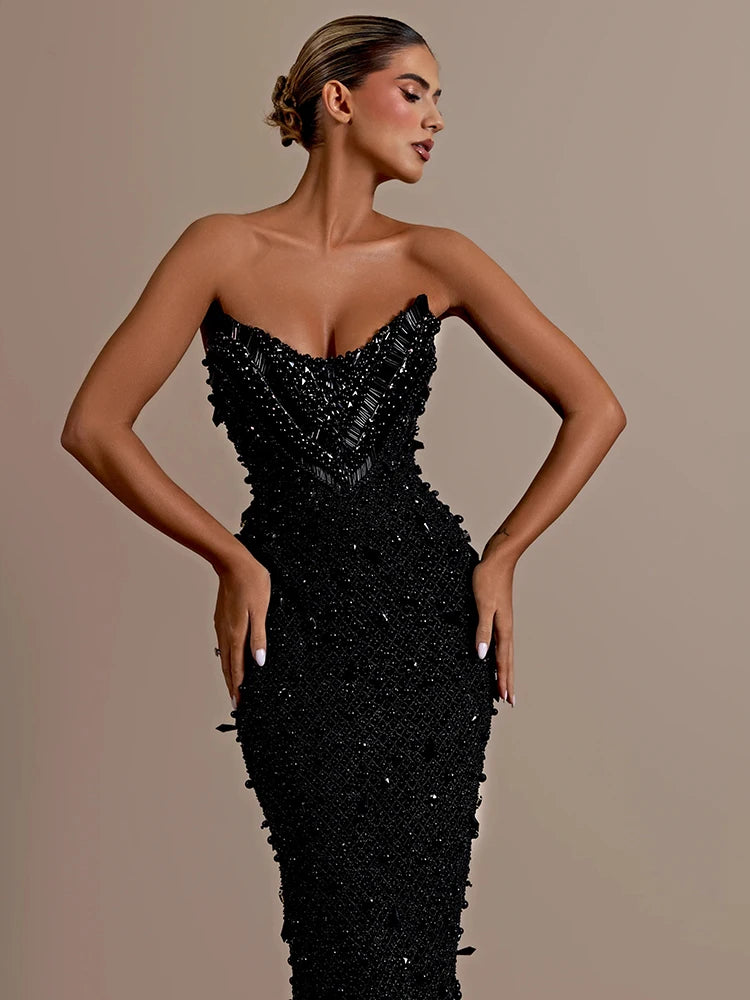 Stunning Strapless Sleeveless Black Crystal Sequin Dress Luxury Party Evening Gown
