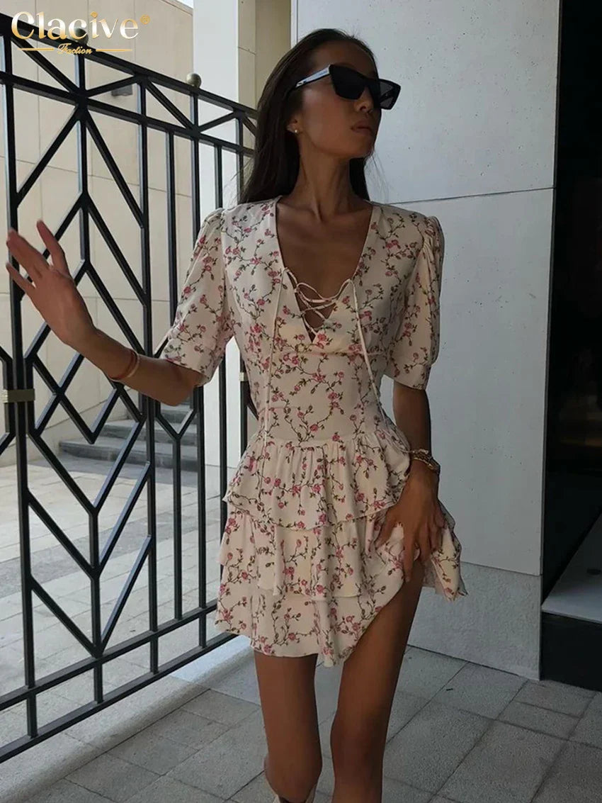 Clacive Summer Slim Print Women's Dress Sexy V-Neck Short Sleeve Mini Dresses Elegant High Waist Pleated Female Dress