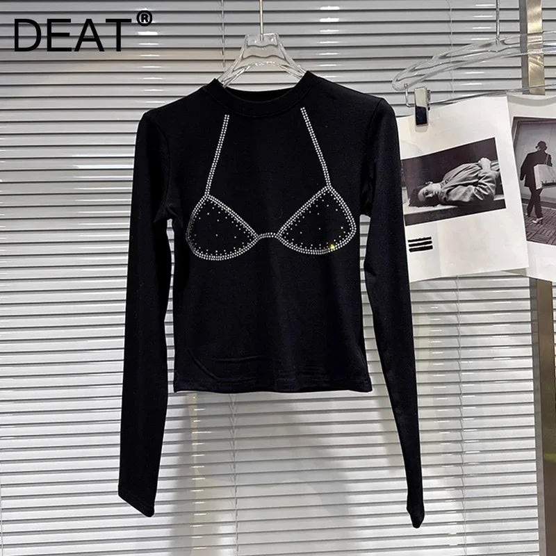 Winter New Niche Fashion Hot Drill Bikini Pattern Long Sleeve Cotton T-Shirt For Women Slim Fit Top Female 11A07493