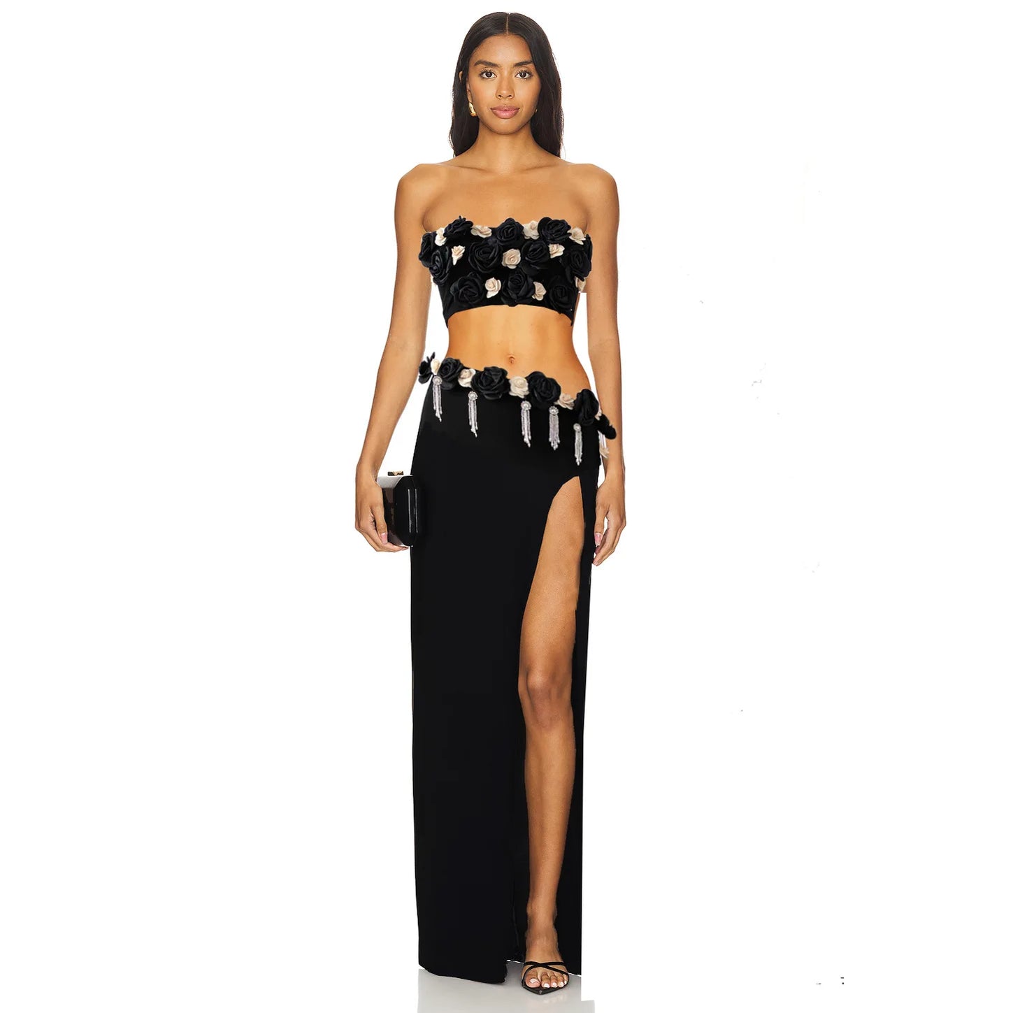Black Color Women Sexy Strapless Florals 2 Pieces Bodycon Long Dress Girls' Vacation Birthday Party Nightclub Outfit black