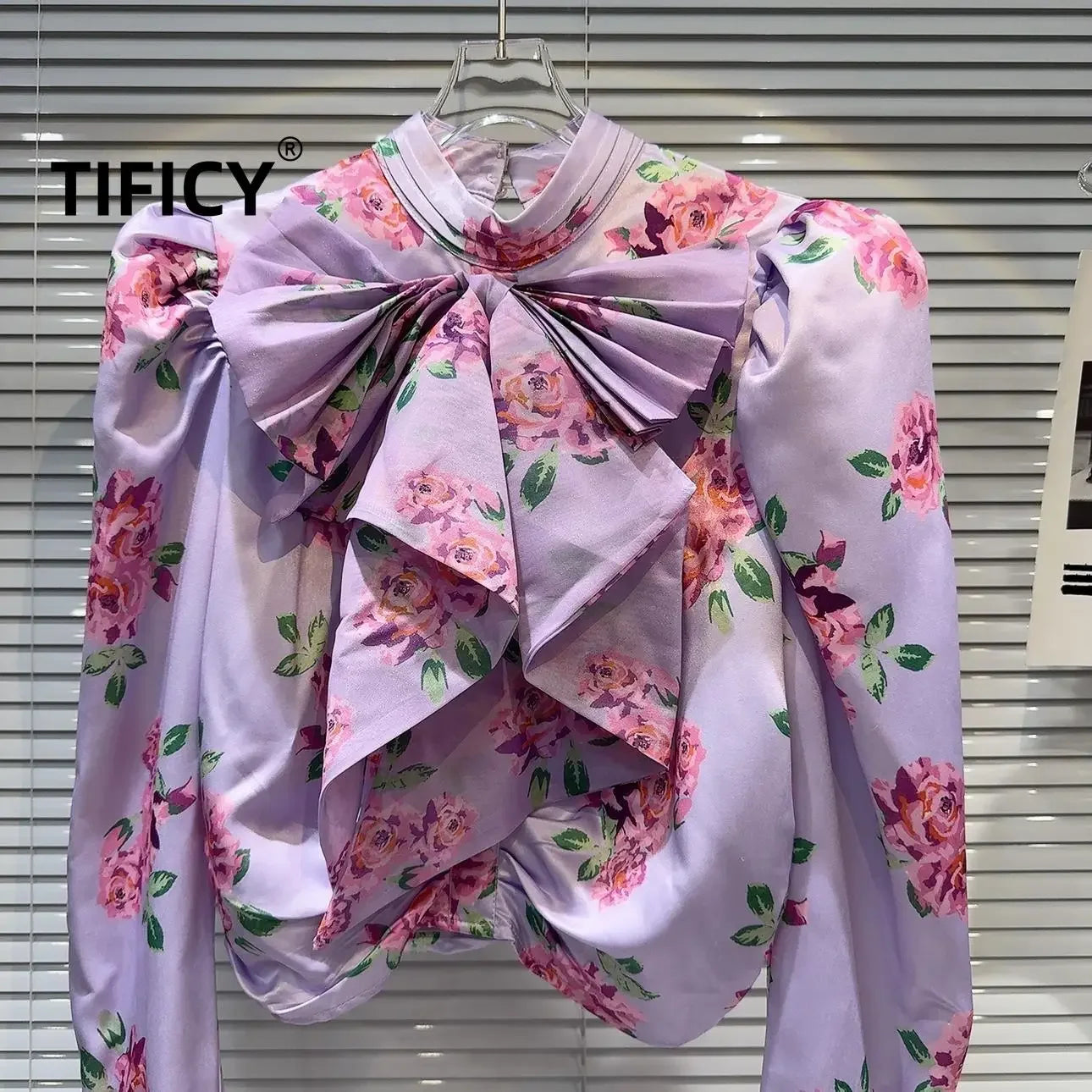 High Street Fashion Blouses Top Women's Autumn New French Socialite Bow Collar Flower Print Bubble Sleeve Shirt Tops Blusa