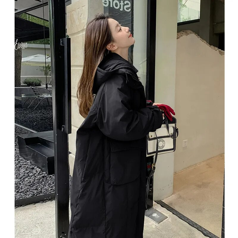 Women's Green Down Jacket Hooded Long Cotton Clothes Winter New Korean Fashion Loose Oversized Warm Thicken Windproof Coat Tops