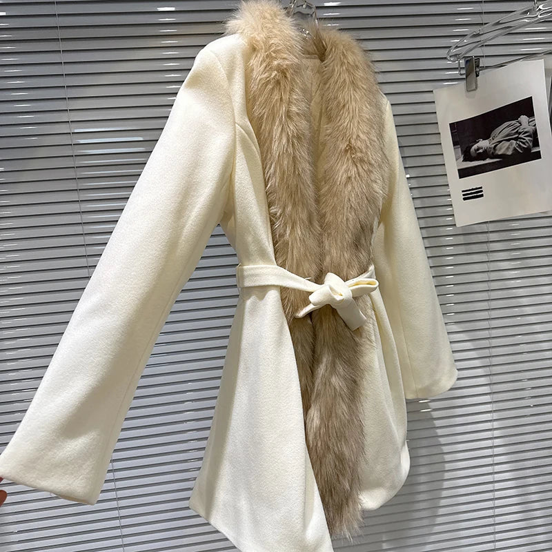 Winter New Fashion Fur Collar Belt Woolen Quilted Trench Coat For Women Elegant Warm Windbreaker Female 11A07810