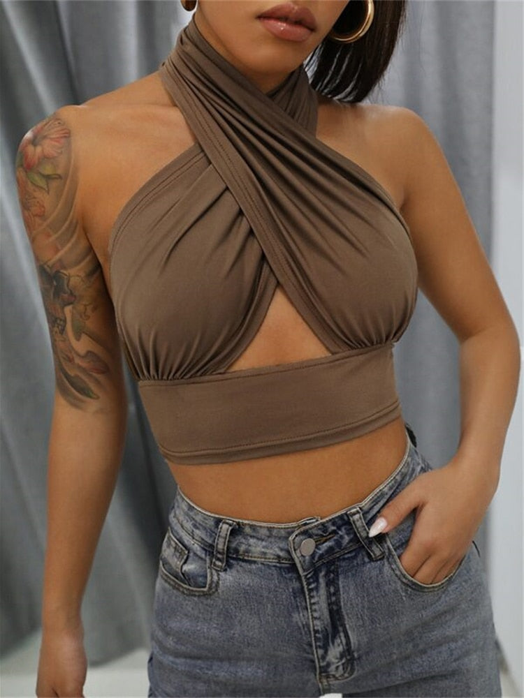 Women Summer Tank Tops Sexy Solid Color Cross Halter Neck Push Up Hollow Crop Tops High Street Wear 2024 New Fashion Auburn