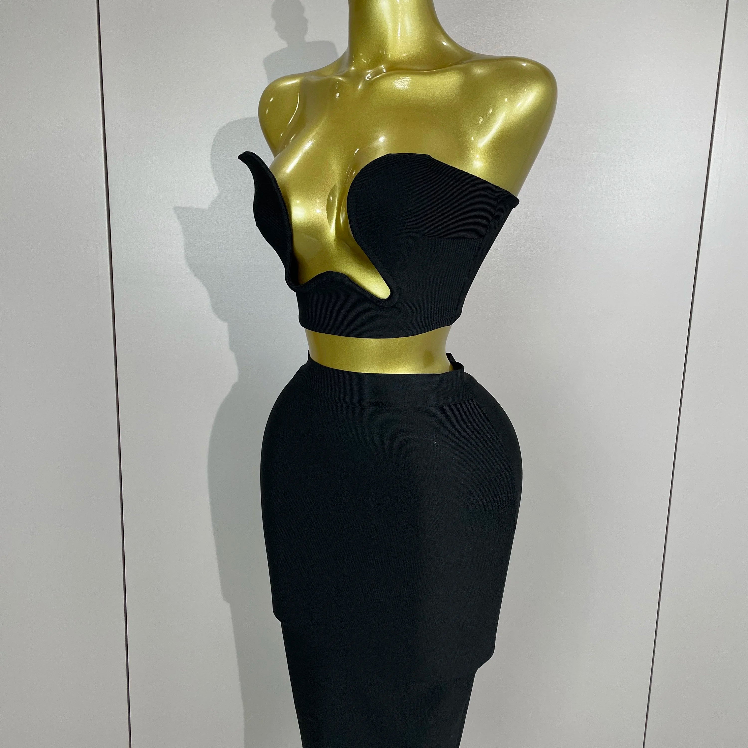 2025 Women Sexy Strapless Backless Black Bandage Two Piece Suit Celebrity Designer Fashion Birthday Gown Evening Prom Costume