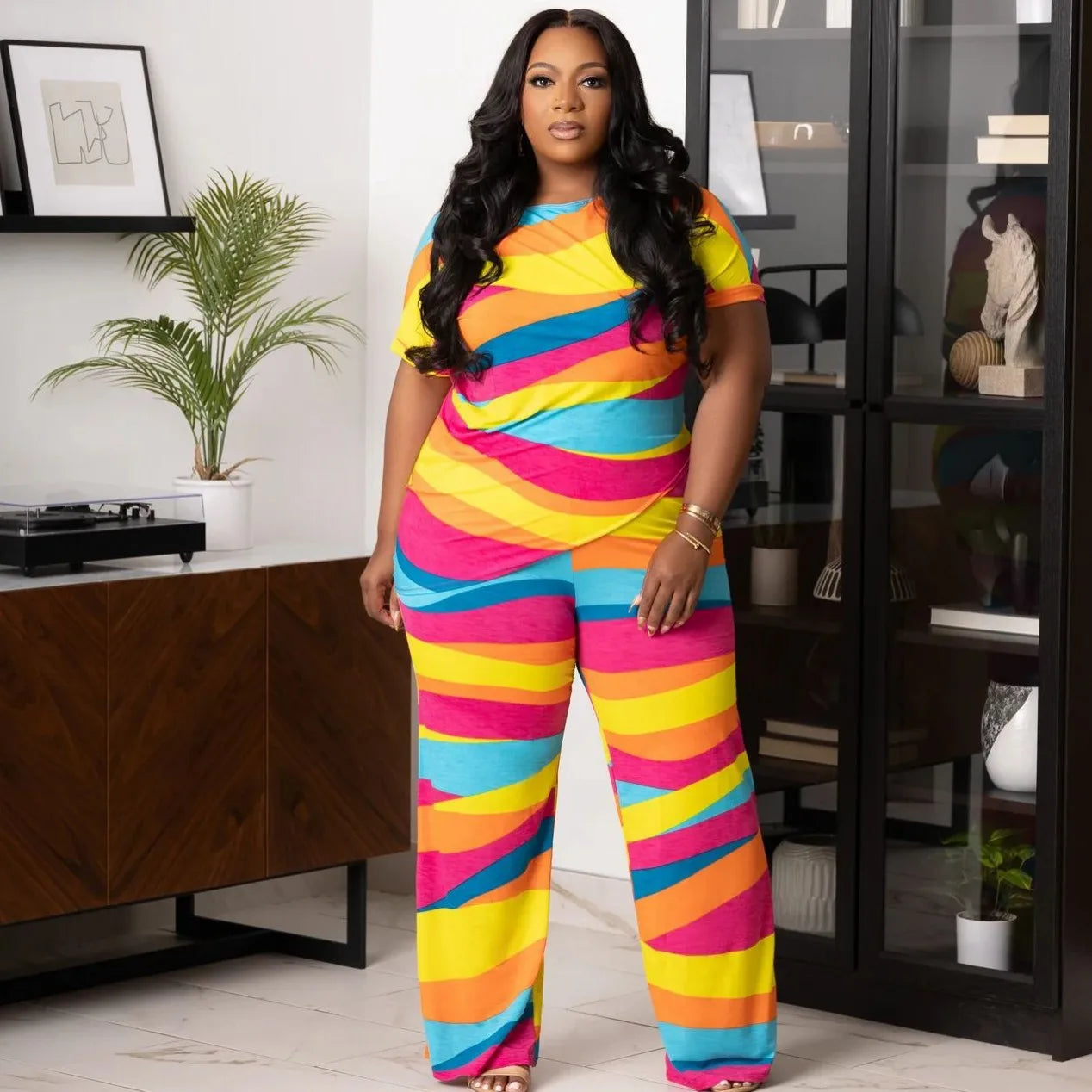 2 Piece Women Sets 2024 Plus Size Summer Matching Sets Print Two Pieces Sets Top Pants Suits Outfits Clothing Picture color 3