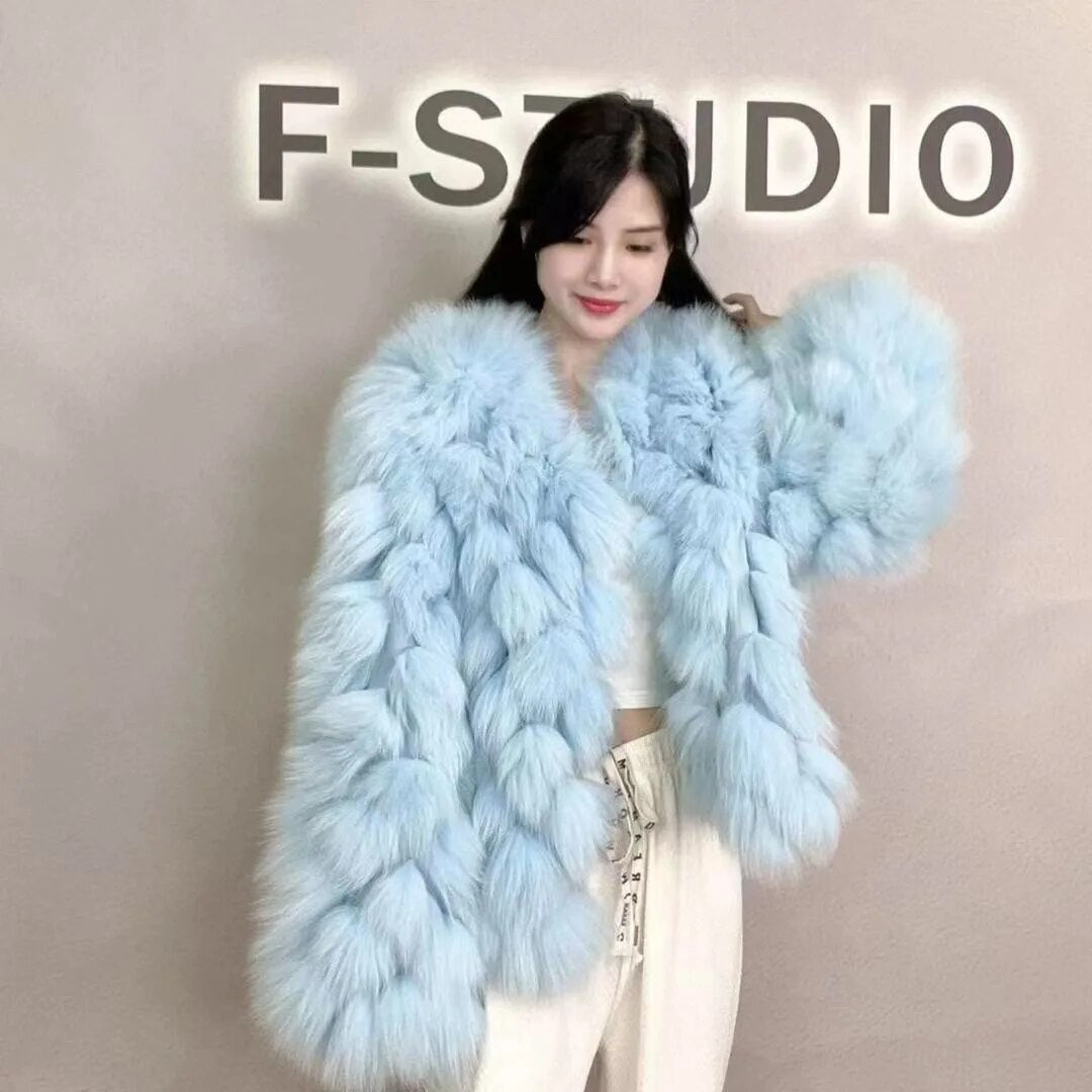 Women Winter Warm Luxury Fashion Full Sleeves V Neck Short Fur Jacket Real Fox Fur Coat Female Pluffy Outwear