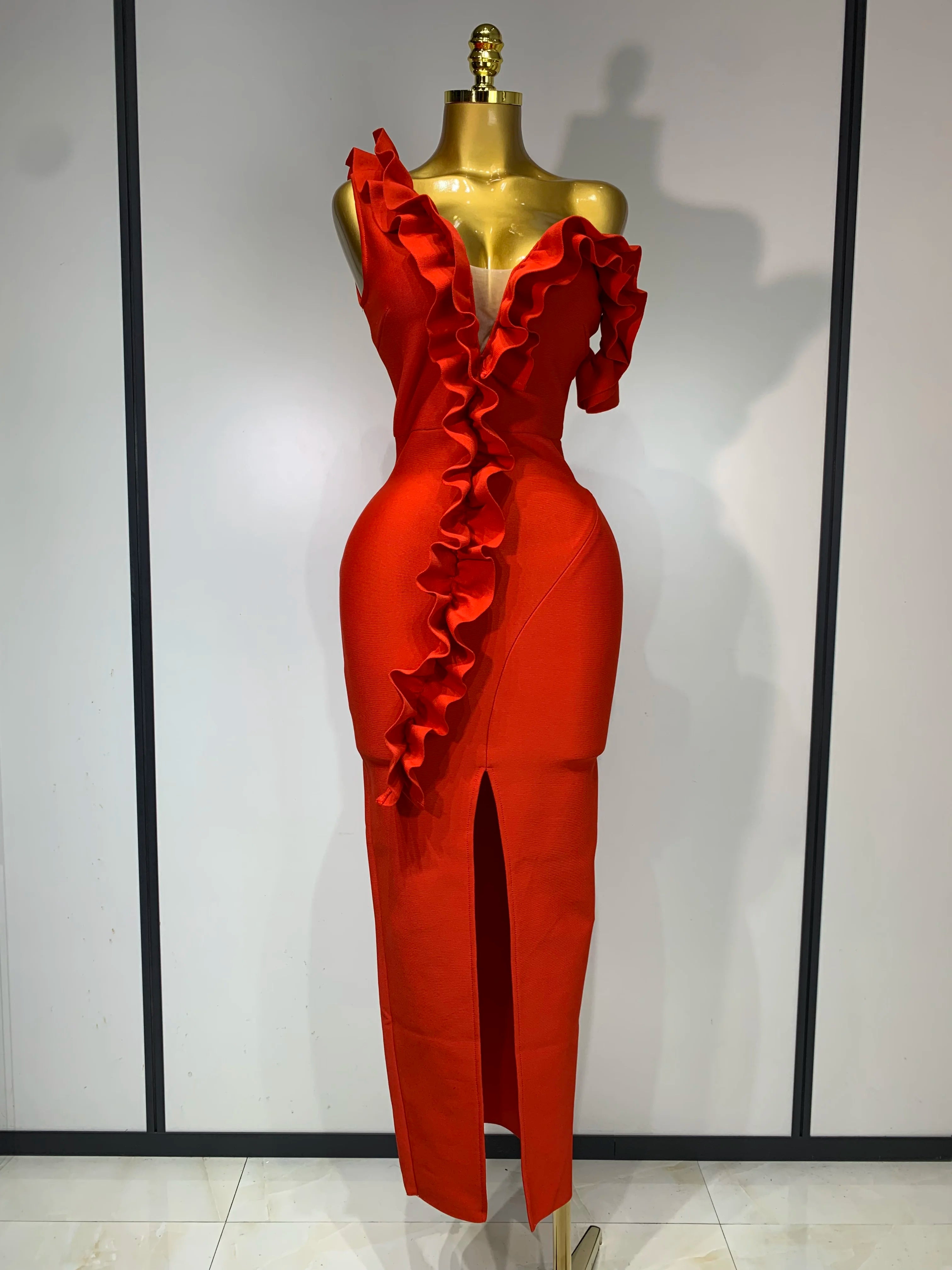 Women Sexy Off Shoulder Ruffles Midi Bodycon Bandage Dress 2025 Knitted Celebrity Elegant Evening Luxury Club Party Dresses Red