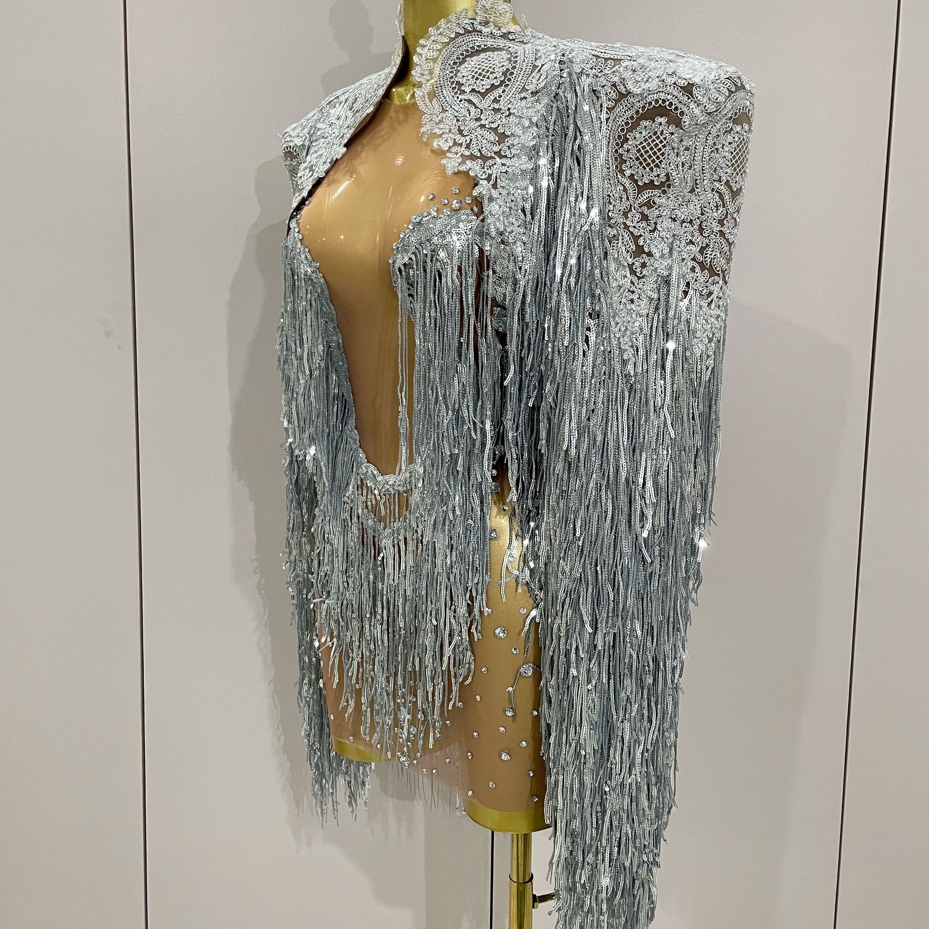 Luxury Sparkly Rhinestone Sequin Tassel Coat Skirt 2Pcs Women Birthday Party Nightclub Stage Performance Costume