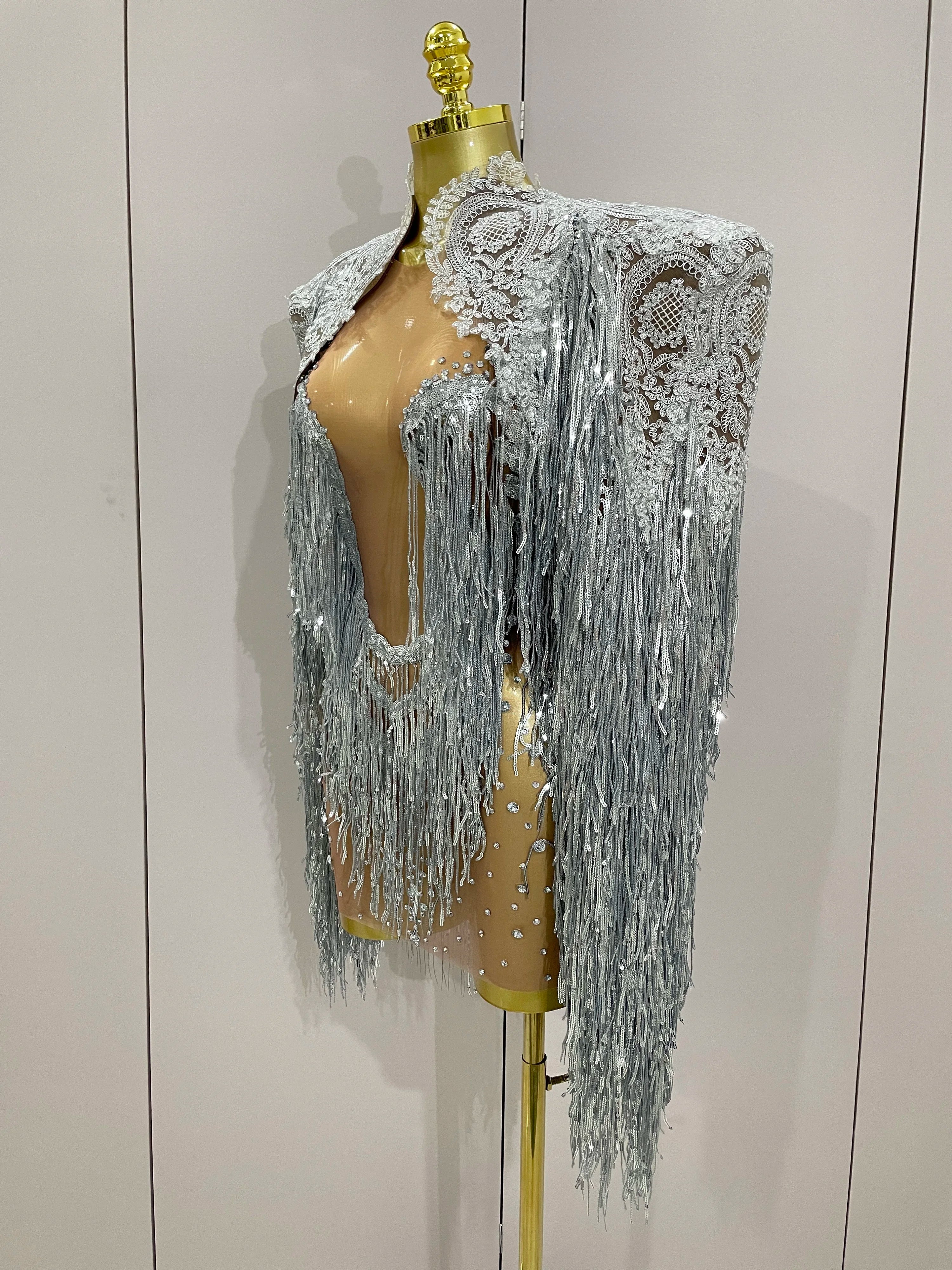 Luxury Sparkly Rhinestone Sequin Tassel Coat Skirt 2Pcs Women Birthday Party Nightclub Stage Performance Costume