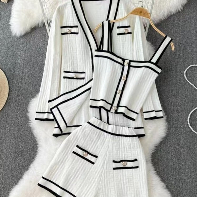 Runway Casual Long Sleeve V Neck Cardigan Coat Top + Sling Vest + Shorts Chic Knitted Vintage Female Luxury Women's 3 Piece Sets