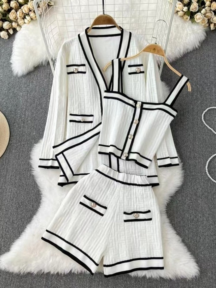 Runway Casual Long Sleeve V Neck Cardigan Coat Top + Sling Vest + Shorts Chic Knitted Vintage Female Luxury Women's 3 Piece Sets