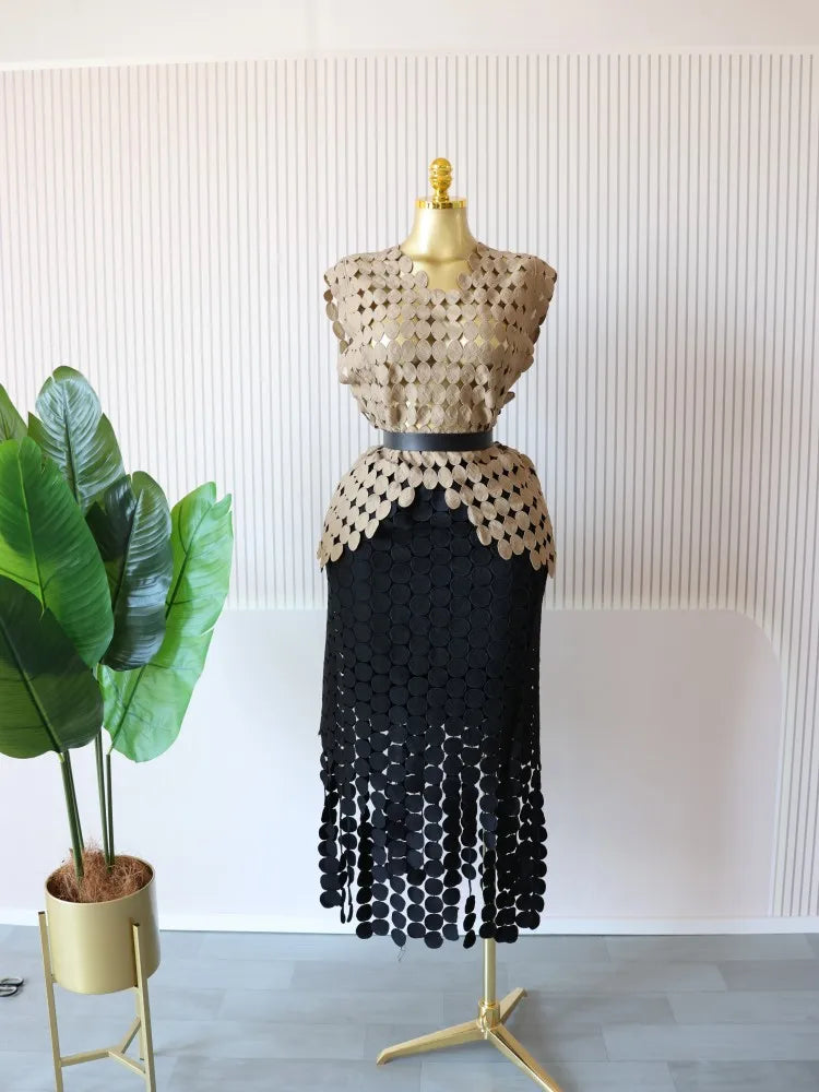 CM.YAYA Women Cutout O-neck Crop Top and Bodycon Midi Slim Maxi Long Skirt Suit 2025 Summer Vacation Sexy Two 2Piece Set Outfits