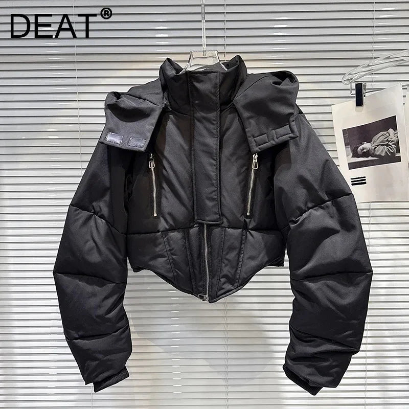 Winter New Fashion Zipper Fishbone Waist-Cinching Warm Hooded Jacket For Women High Street Cotton-padded Coat 11A07495