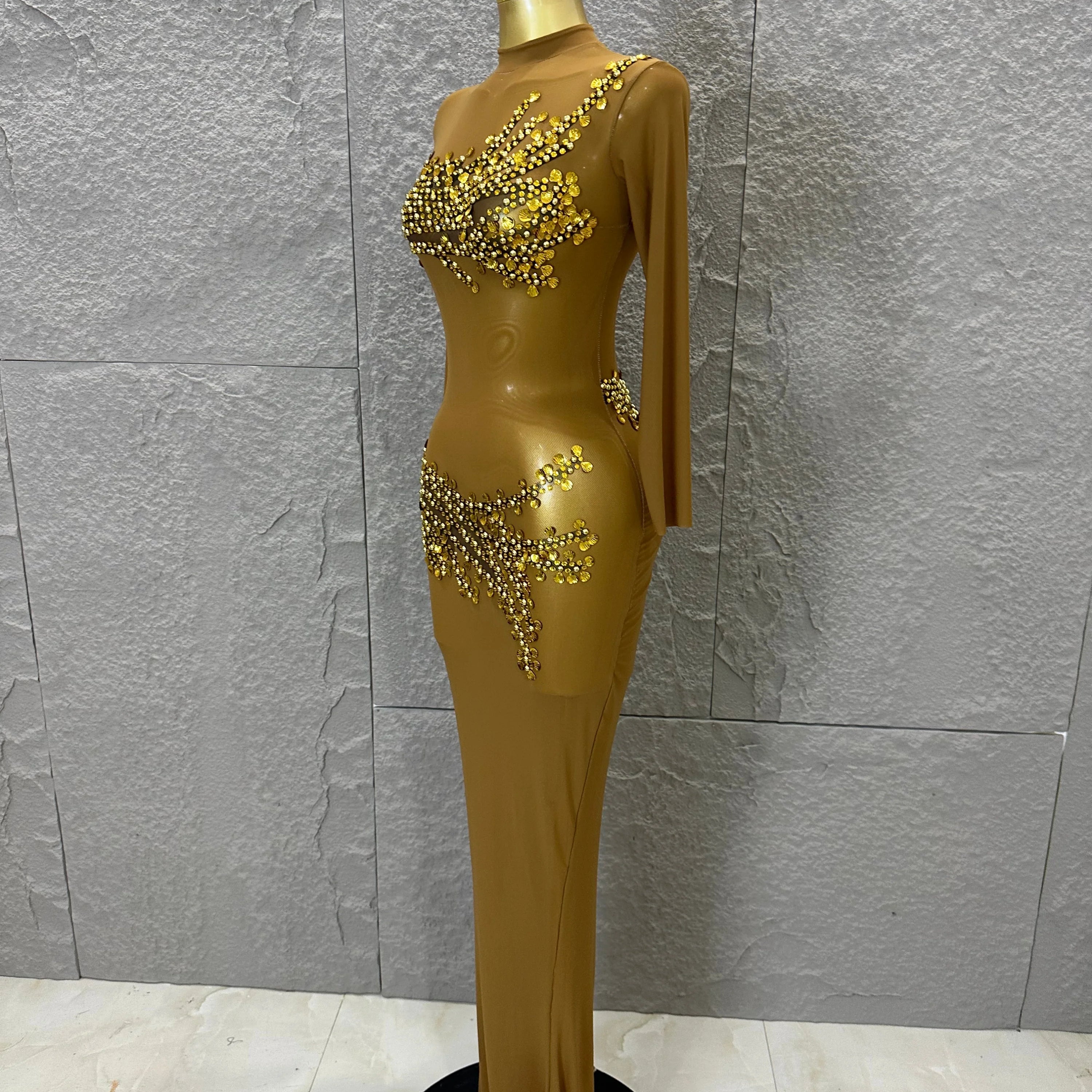 Sexy 2026 Black Sheer Mesh Maxi Dress Women Long Sleeve High Neck Red Rhinestone Embellished Bodycon Stage Costume