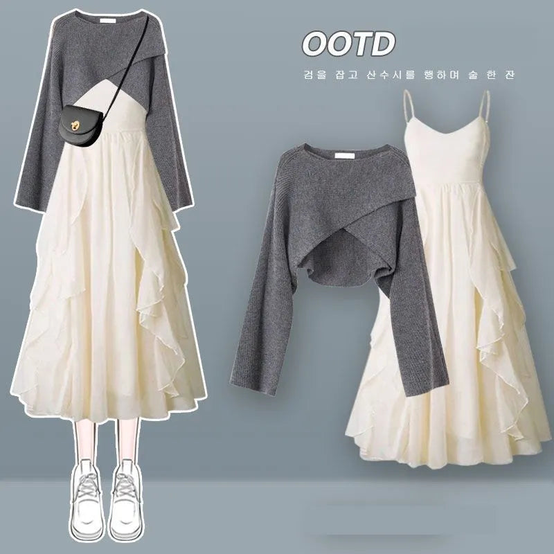 Women's Fashion Dress Matching Set 2024 Autumn Winter New Chic Knitted Sweater Sling Skirt Two Piece Korean Elegant Clothes Suit Set 03