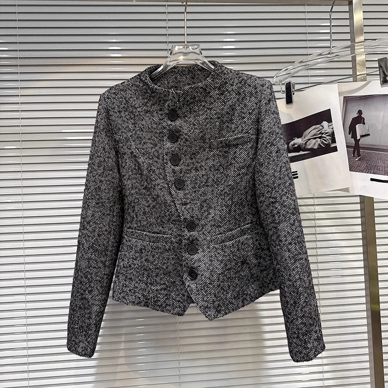 Winter New High-End Diagonal Button Woolen Cotton-Padded Short Coat For Women Black A-line Skirt Female 11A07682