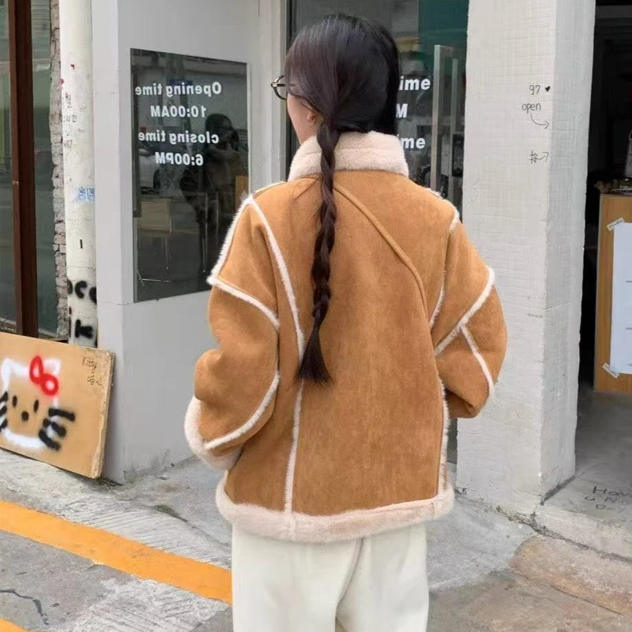 2025 Winter Fashion New Women's Simulated Fur Coat Thickened Imitation Fur Integrated Stand Collar Thickened Warm Coat Brown