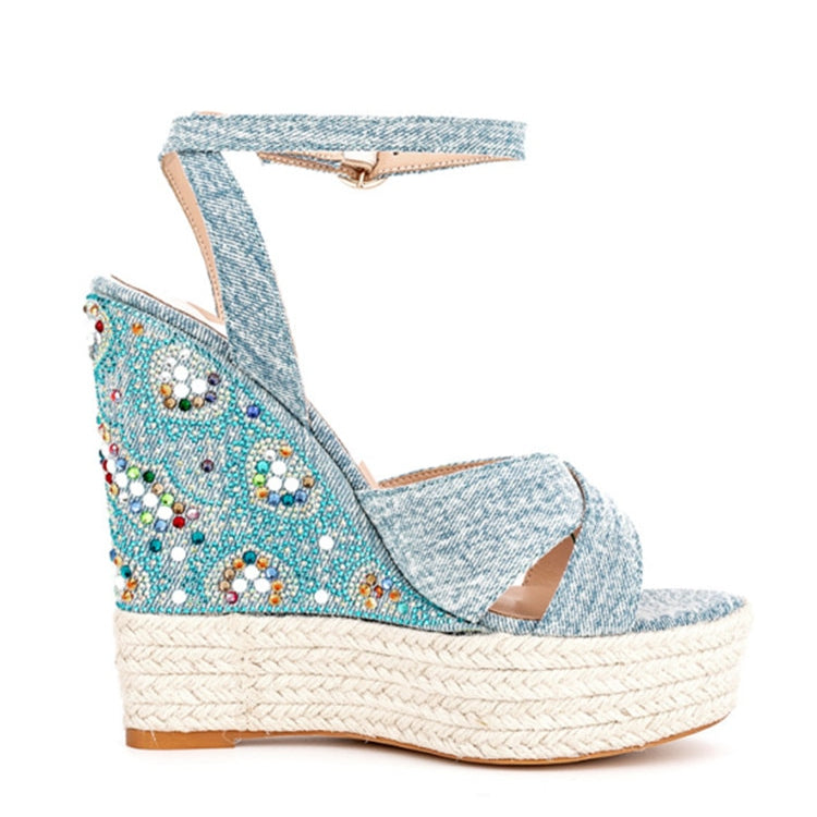 Summer New Suede Thick Bottom Wedge Sandals Round Head Diamond Inlaid Super High Heel Buckle Platform Fashion Sandals N109 wathet