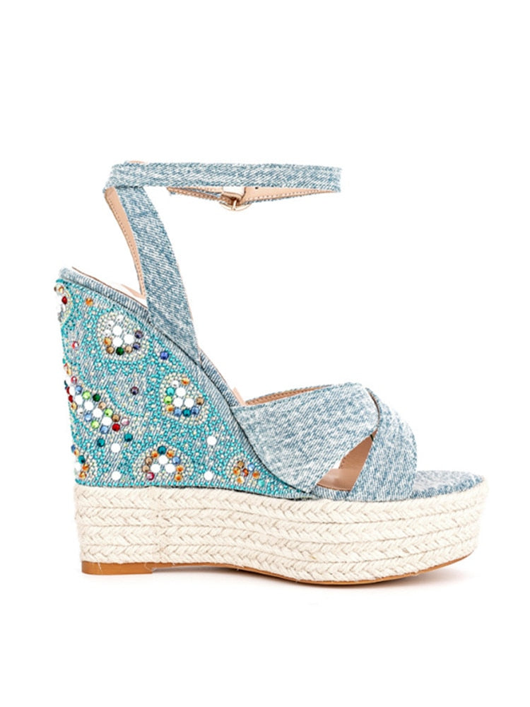 Summer New Suede Thick Bottom Wedge Sandals Round Head Diamond Inlaid Super High Heel Buckle Platform Fashion Sandals N109 wathet