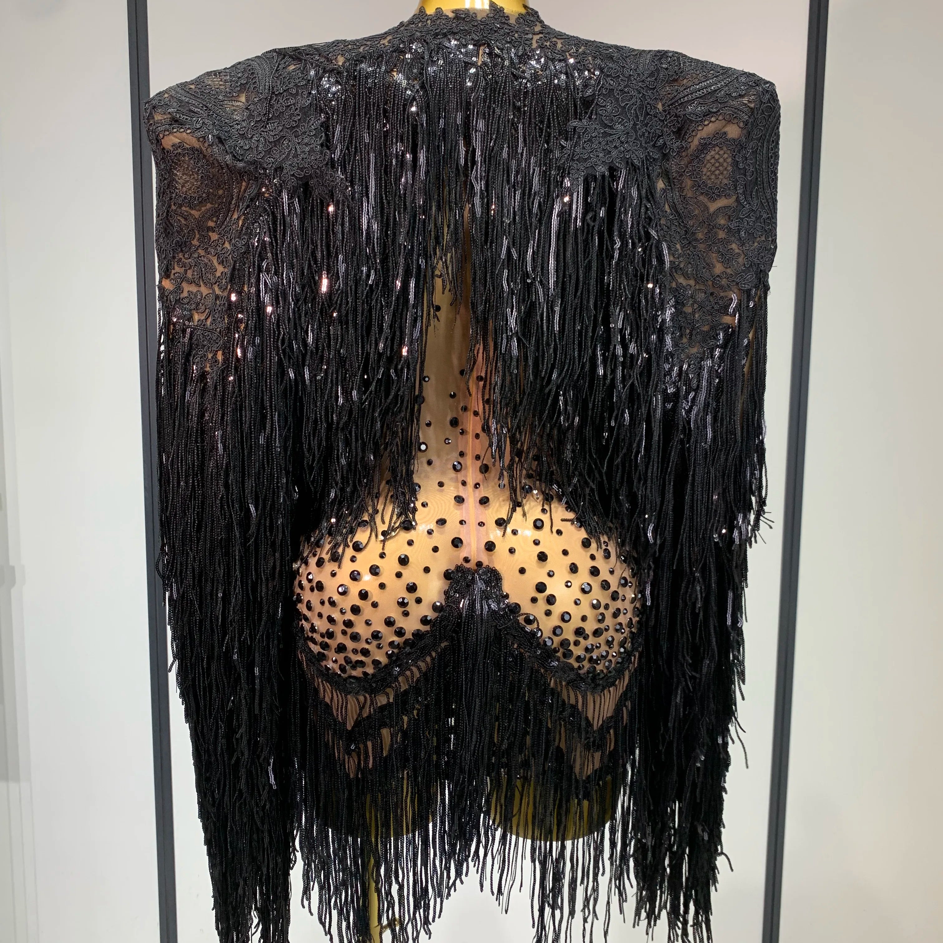 Rhinestones Tassels Mini Dress Suit Luxury Women Sexy See Through Mesh Party Club Dresses Performance Stage Outfit