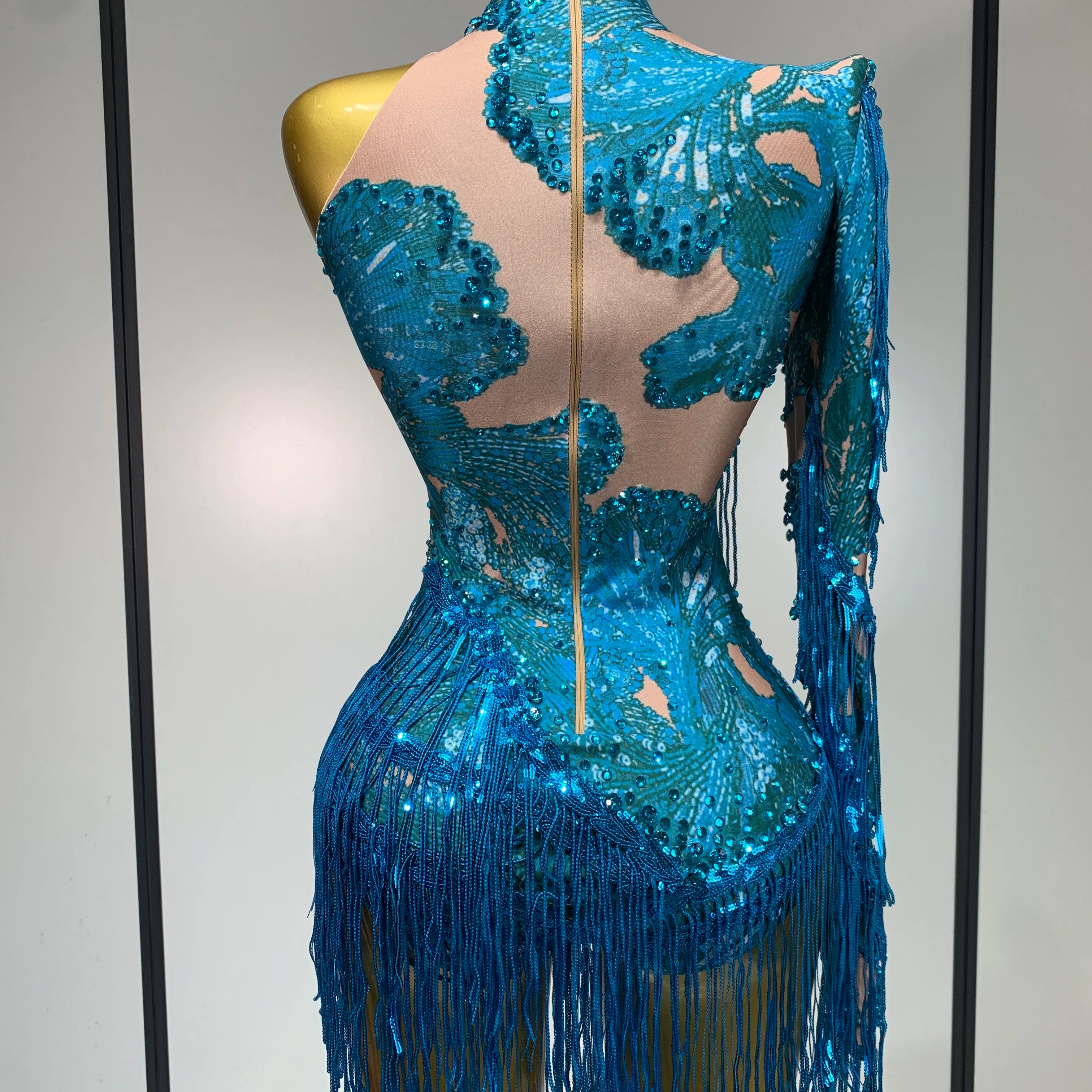 Sexy Sparkly Purple Rhinestones Tassel One Shoulder Sleeve Mini Dress Evening Party Birthday Nightclub Stage Performance Outfit