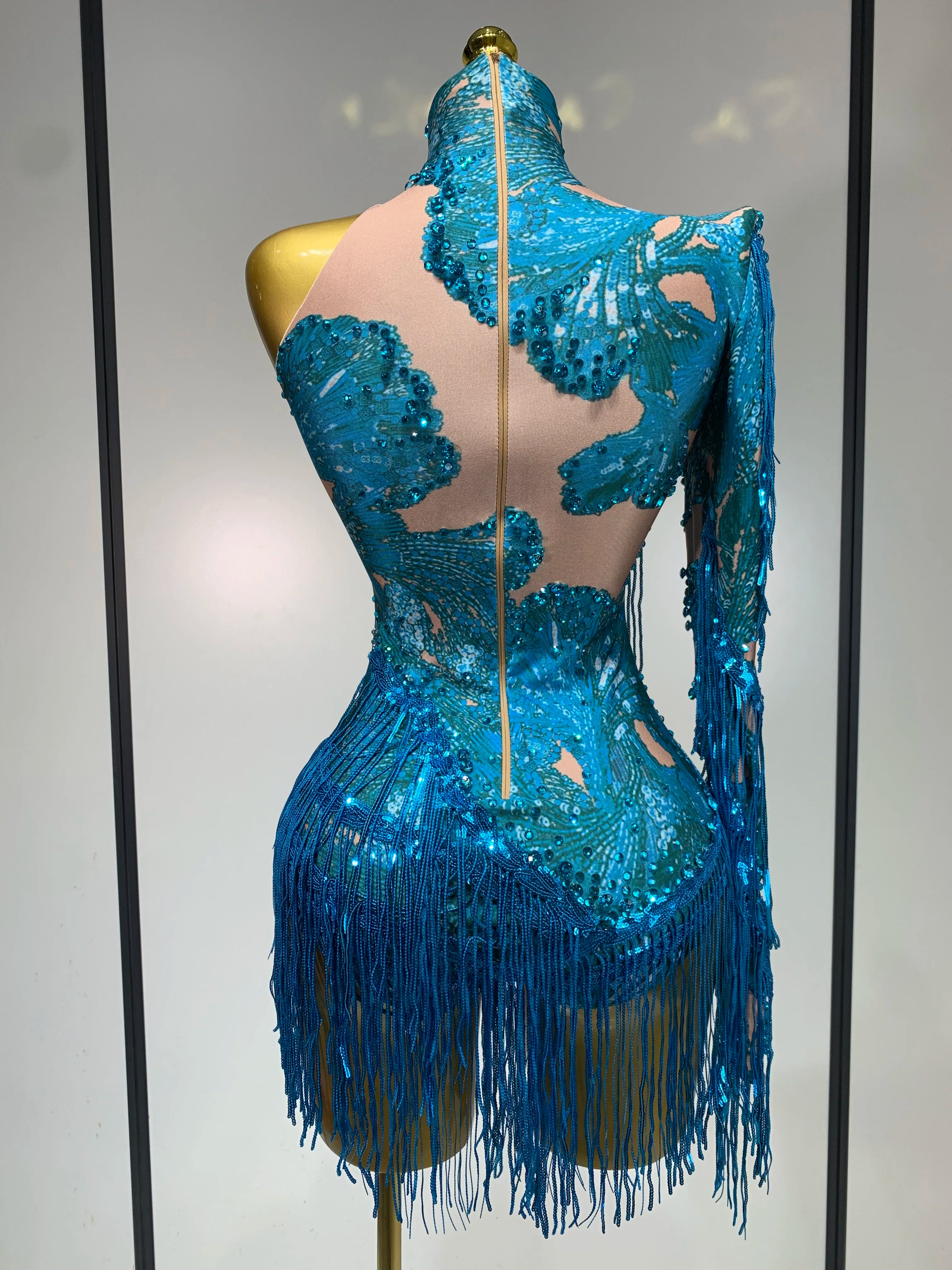 Sexy Sparkly Purple Rhinestones Tassel One Shoulder Sleeve Mini Dress Evening Party Birthday Nightclub Stage Performance Outfit