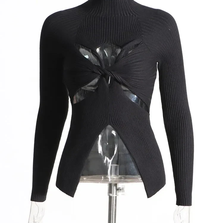 Slimming Crisscross Hollow Out Knitting Sweaters For Women Round Neck Long Sleeve Solid Casual Chic Sweater Female BLACK