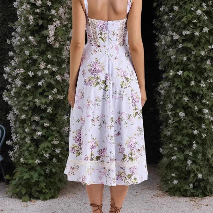 Printing Hollow Out Spliced Lace Elegant Dresses for Women Square Neck Sleeveless Patchwork Pockets Dress Female