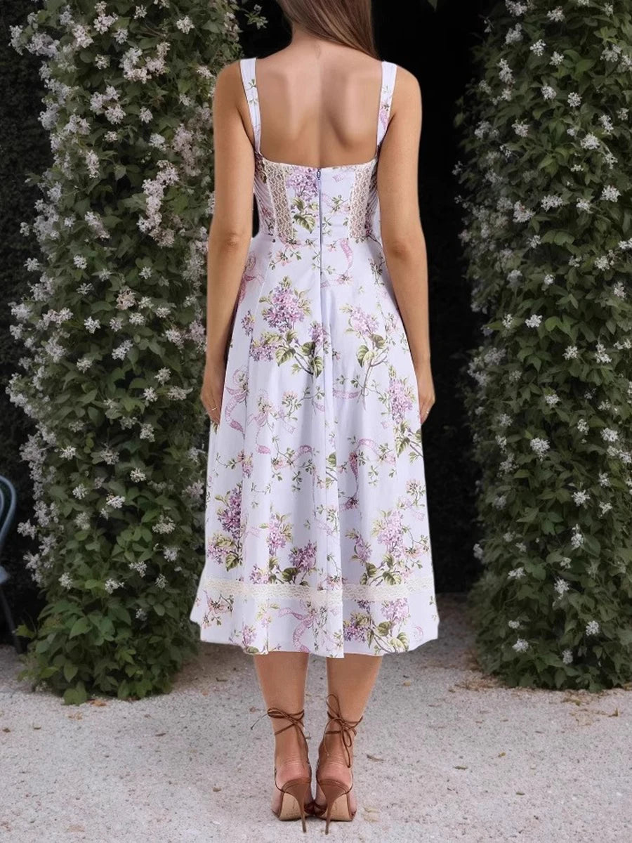 Printing Hollow Out Spliced Lace Elegant Dresses for Women Square Neck Sleeveless Patchwork Pockets Dress Female