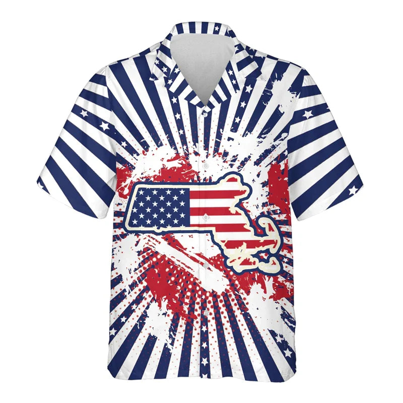 USA California Virginia Michigan Map Flag Graphic Shirts For Men Clothes America Florida Patriotic Lapel Blouse Male Shirt Tops Shirts-SZF39665